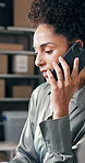 Phone call, woman and order with logistics for delivery, distribution or quality control for ecommerce. Small business, warehouse and supply chain owner for planning, shipping or supplier checklist