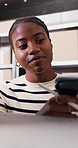 Barcode, scanning and tablet with black woman in logistics office for delivery or shipment tracking. App, inventory and scrolling with African person in supply chain depot for management of stock
