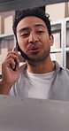 Boxes, supply chain and man in workplace, phone call for delivery and digital app for communication. Happy person, mobile user and entrepreneur with cellphone, smile and schedule for distribution