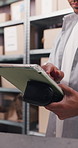 Hands, barcode scanner and tablet with man in logistics office for delivery or distribution tracking. App, scrolling and stock with person in supply chain depot for management of shipping schedule