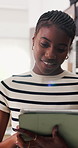 Tablet, scanner and black woman in office with delivery for boxes, logistics and ecommerce order. Digital technology, cargo and African female supply chain manager with online shipping information.