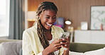 Success, fist pump or black woman in house with phone, online giveaway or award announcement on email. Winner, excited or female person in home with tech, prize update or victory in digital lottery.