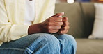 Hands, woman and nervous with anxiety for counseling session with emotional tension in therapy. Person, fidget and restless with stimming, trauma response and overwhelmed for psychology consultation