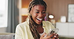 Success, fist pump or black woman on sofa with phone, online giveaway or award announcement on email. Winner, excited or female person in house with tech, prize update or victory in digital lottery.