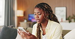 Student, stress and nervous with phone in home for entrance test results, college feedback and worry. Anxiety, black girl and mobile app for university application, assessment error and overwhelmed
