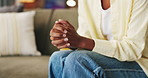 Hands, person and nervous with anxiety for counseling session with emotional tension in therapy. Woman, fidget and restless with stimming, trauma response and overwhelmed for psychology consultation