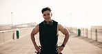Outdoor, face and man with fitness, smile and training for health benefits, sunshine and wellness. Balance, athlete or person in city, happiness or workout for energy, challenge or pride for progress