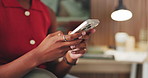 Text, response and hands in house with phone, internet search and communication on online platform. Digital, reply and woman in home with tech, social media update and message on virtual app.
