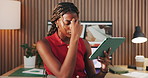 Black woman, tablet and stress for remote work from home with mistake, glitch or worry with feedback. African person, tech and frustrated with application, report or review with freelance copywriting