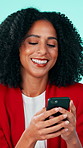 Happy woman, laughing and typing with phone for communication or humor on a studio background. Female person, model or smile with smartphone or comedy for online chatting, network or texting app