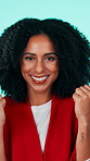 Celebration, face and woman with sale, announcement or victory with good news. Happiness, portrait or female person on studio background with discount, winning reaction or yes at bonus promotion.