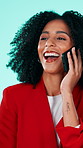 Happy woman, laughing and talking with phone call for communication or humor on a studio background. Female person, model or listening with smile on mobile smartphone for comedy, gossip or funny joke