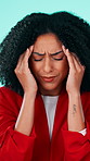 Frustrated, woman and massage with headache for stress or anxiety on a studio background. Female person, model or strain with migraine, sore ache or pain for vertigo, dizziness or mental health