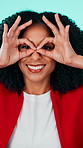 Face, woman and playful with binocular in studio background for vision, observation and discovery. Portrait, female person and hand gesture for search perspective, imagination and exploration insight