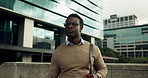 Businessman, walk and commute in city with bag, thinking and viewing property for real estate career. Realtor, black person and journey outdoor downtown with glasses, reflection or urban development.
