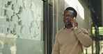 Businessman, walk or commute in city with phone call, property listing confirmation or real estate job. Realtor, black person and talk outdoor by building with tech, contact or housing market update.