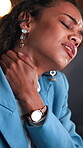 Stress, neck pain and business woman in office with injury, accident or tired with fatigue. Burnout, inflammation and professional person with sprain, spinal muscle tension or pressure of bad posture