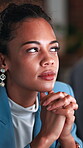 Creative, online and businesswoman with ideas in office, journalist or planning for article at night. Bokeh, reflection and person with publishing decision, working late and remember info in newsroom