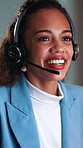 Call center, consultant and woman with headset in business, coworking and explaining offer at night. Online, consultation and happy person with mic for chat, telemarketing and working late for sales