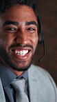 Face, man and happy with headset in call center for outbound calling, lead generation and about us. Telemarketing, friendly agent and microphone for online sales, product knowledge and career pride