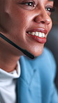 Call center, mouth and woman with mic in office, communication or telemarketing with smile at night. Agent, online and happy person with headset for chat, lead generation and working late for sales