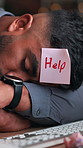 Night, tired and man in office, sticky note for help or exhausted with article deadline. Evening, journalist or person in workplace, sleeping or fatigue with low energy, paper on forehead or bokeh