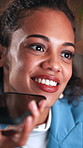 Business, phone call and woman in office, loudspeaker and digital app for communication. Employee, professional and person in workplace, cellphone for connection and online chatting with conversation