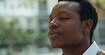 Breathing, calm and black man in city for stress relief, lawyer break or gratitude. Space, attorney and urban business with person and grounding technique for anxiety, resilience or perseverance