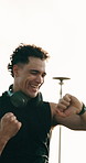 Happy man, winning and fitness with fist pump for achievement, workout success or outdoor training. Excited, male person or checking watch with smile for accomplishment, exercise goals or performance