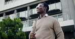 Happy, businessman and commute in city with bag, thinking and property listing for real estate career. Low angle, black person and smile outdoor downtown with glasses, realtor and urban development.