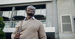 Businessman, smile and commute in city with bag, thinking and property listing for real estate career. Low angle, black person and happy outdoor downtown with glasses, realtor and urban development.