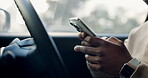Phone, typing and search with hands in car for navigation app, communication and travel guide. Online map, connection and location tracker with person and mobile in vehicle for route check and driver