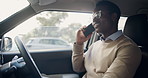 Black man, driver and discussion with phone call in parking lot for network or communication. Male person, travel or talking with smile on smartphone in vehicle for transportation or commute to work