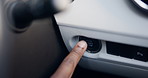 Hand, person and car with button to start engine, keyless ignition and quick access for travel. Finger, driver and dashboard interior with auto control, power feature and luxury vehicle for journey