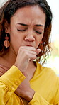 Sick, woman and cough in home with chest pain, respiratory infection and symptoms of tuberculosis. Person, virus and asthma attack in house with lung disease, medical problem or fatigue from burnout.