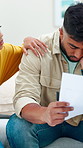Couple, documents and comfort with finance in home for debt, mortgage bills or bankruptcy together. Man, woman and support with empathy, invoice or paper for final notice or financial crisis in house