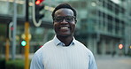 Happy, professional and face of black man in city with confidence for finance career growth. Smile, about us and portrait of African male financial manager with pride for job opportunity in town,