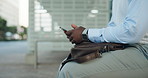 Phone, stress and hands of business person in city with anxiety for results, feedback or review. Worry, fear and candidate waiting with tech and hope for job interview, email or application news