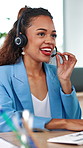 Call center, typing and woman with computer for help desk, customer service or language translation. Headset, contact us and happy consultant with tech, coworking or talking for multilingual support