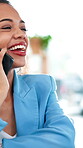 Phone call, business or woman in office with happiness, friendly chat or online conversation on project. Laugh, networking or employee with tech, digital communication or good news in report feedback