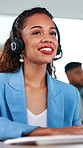 Call center, typing and woman with computer for customer service, help desk or language translation. Headset, contact us and happy consultant with tech, coworking or talking for multilingual support