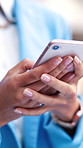 Hands, typing and businesswoman with phone in office with texting, networking or email contact on app. Technology, research and employee with cellphone for online communication, feedback or review.