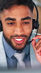 Call center, talking and man in office with computer, financial support and account advice. Headset, hotline and happy consultant with tech, crm feedback and transaction troubleshooting for banking