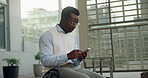 Waiting, music and businessman with phone in city for streaming, audio and radio on commute. Corporate, happy and African person with earphones for travel, public transport and lift service in town