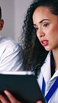 Scientist, team and research in lab with tablet, discussion and collaboration for medical innovation. Science, people and talk in clinic with tech, website and healthcare trial for cure development.