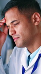 Science, pain and man in lab with headache, discomfort or stress in medical research. Burnout, frustration and scientist in clinic with migraine, inflammation or pressure in pharmaceutical study.