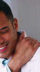 Science, neck pain or man in lab with massage, joint inflammation or burnout in medical research. Tendinitis, bad posture or scientist with strain, discomfort or cervical sprain in clinical study.