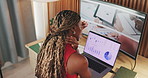 Black woman, remote work and neck pain with laptop for website, research and project feedback. Above freelancer, graphic designer and tech in home office for communication, design process and strain