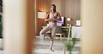 Yoga, balance and black woman with prayer hands in home for meditation, mindfulness and health. Apartment, morning and person stretching for holistic healing, wellness and exercise in living room