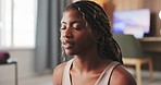 Health, breathe and black woman in home with calm, peace and zen mindset for morning routine. Apartment, wellness and person with breathing exercise for healing, balance and mindfulness to start day